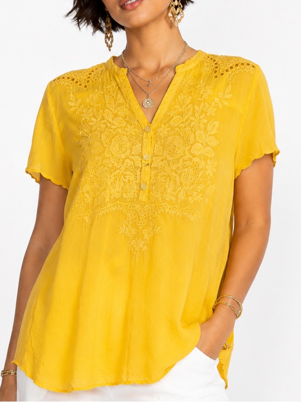Johnny Was Yellow Embroidered V-Neck Blouse Cupra Rayon